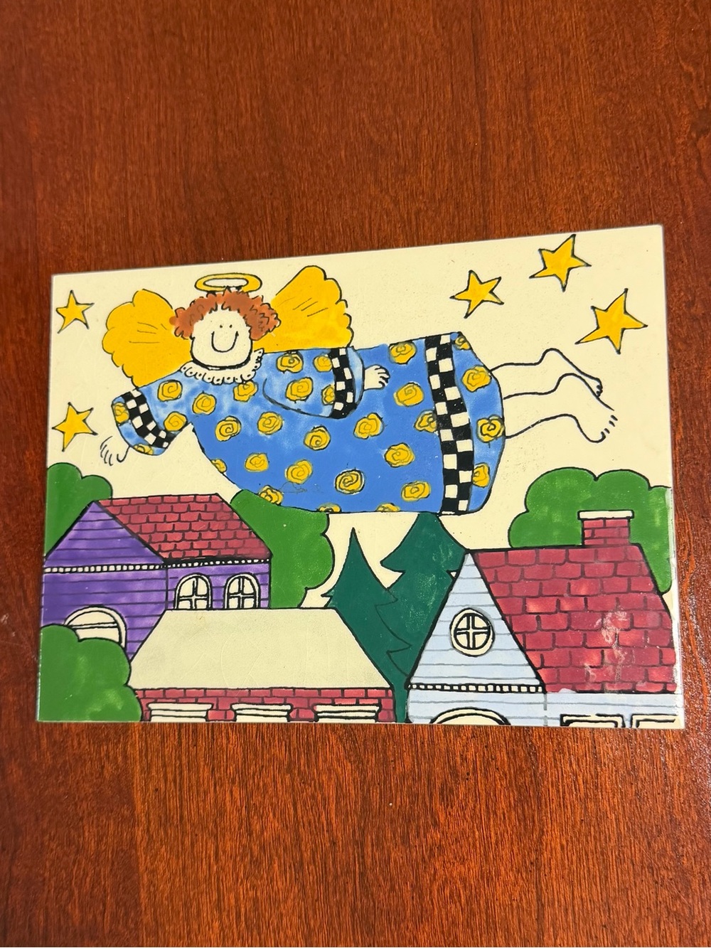 Whimsical Flying Angel Decorative Hand Painted Tile Art 8” x 6”